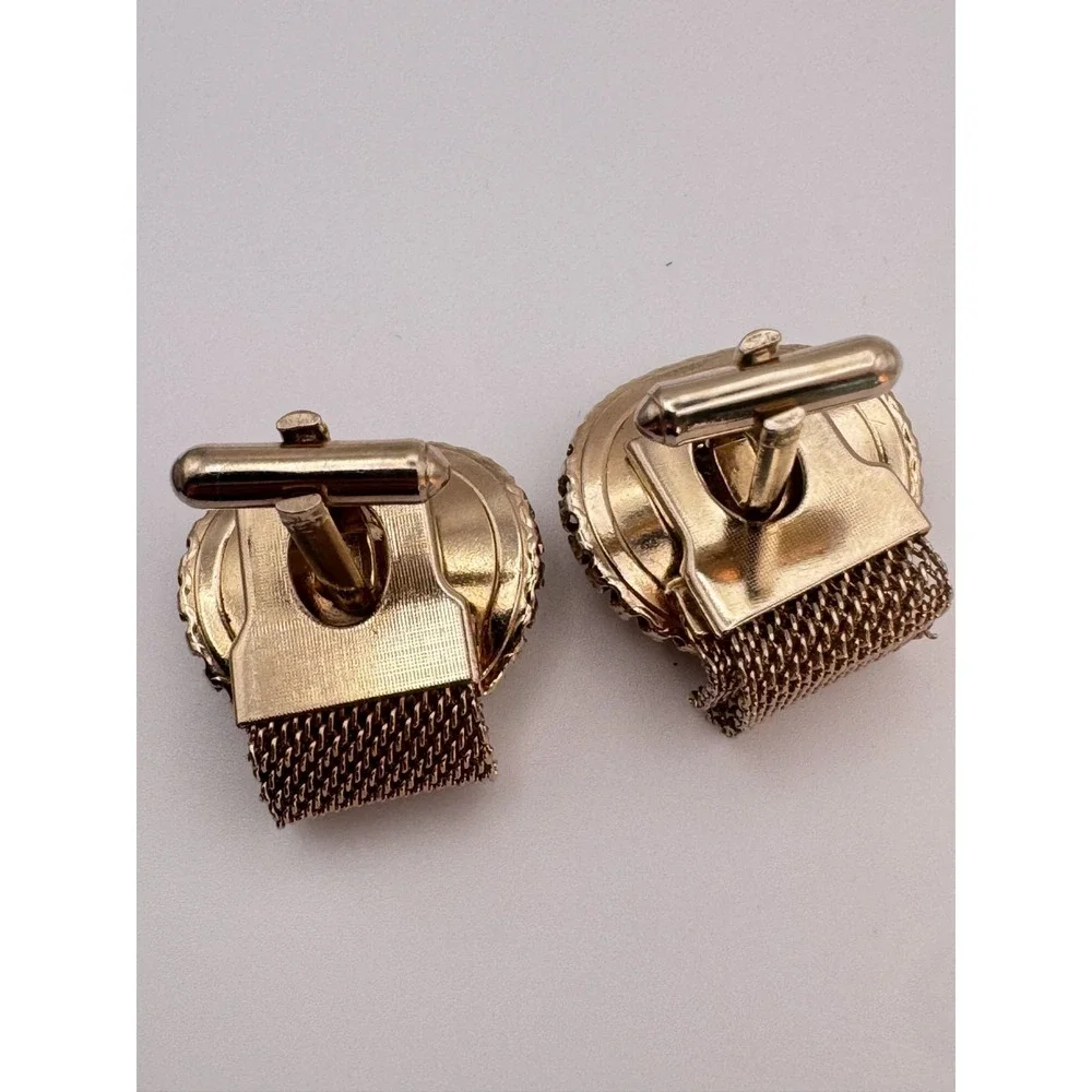 Vintage Mesh Cufflinks Orange and Green Faceted Shield MCM Gold Tone Wrap